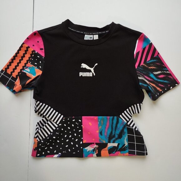 Retro Cropped PUMA Cut Out Top Colorful Athletic Patchwork Y2K  Women Small - Picture 3 of 8
